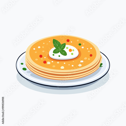 Delicious Stack of Pancakes with Cream and Mint Garnish.