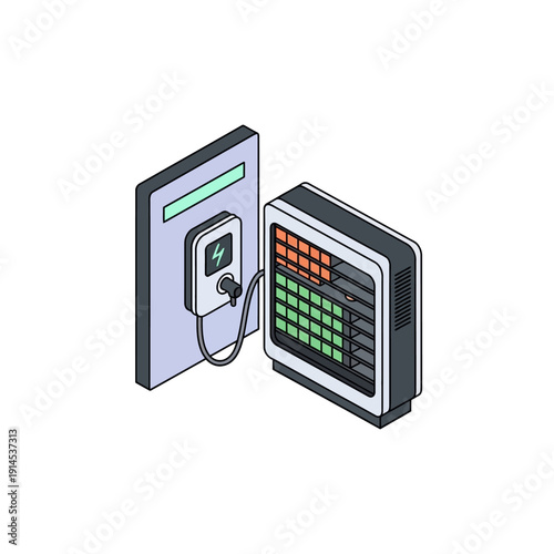 Isometric EV Charging Station connected to Energy Storage System. Sustainable Battery Management Icon.