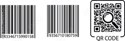 Collection of standard 1D barcodes and QR code with search magnifying glass icon for retail inventory and logistics
