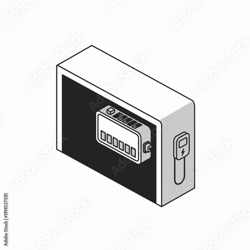 Isometric EV Battery Swapping and Charging Station Icon. Modular Energy Storage System Diagram. Electric Vehicle Infrastructure Line Art Illustration.