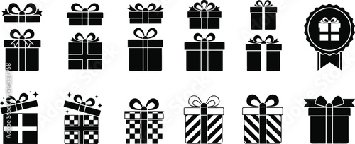 Collection of black gift box silhouettes with various ribbons and patterns for e-commerce holiday rewards and present symbols