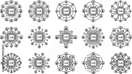 Set of vector illustrations featuring LLM symbols, including different designs of a chip with user icons in various arrangements