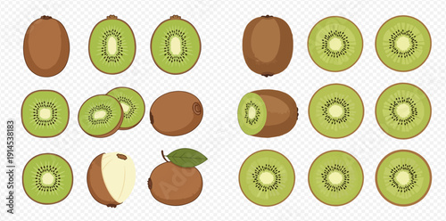 Collection of fresh kiwi fruit, whole and sliced, showcasing its vibrant green flesh and brown skin.