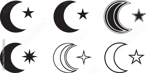 Collection of stylized crescent moon and star symbols for Islamic and cultural themes