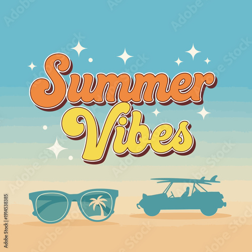 Retro Summer Vibes: Beach Buggy, Sunglasses, Surfboards, and Palm Tree Reflection