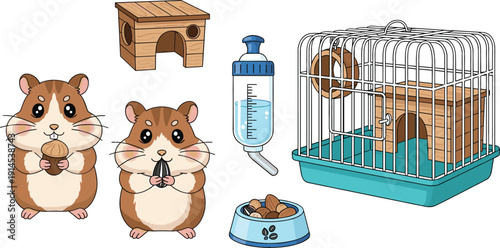Cute hamster characters with pet care accessories including wire cage water bottle food bowl and wooden house for pets