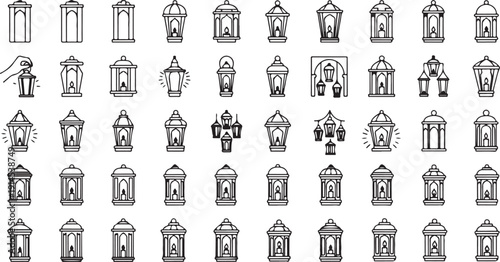 Ramadan lanterns set arabic lamps traditional islamic decoration silhouette line art elements vector illustration