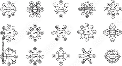 LLM large language model network connection people users icons diagrams various designs vector set illustration