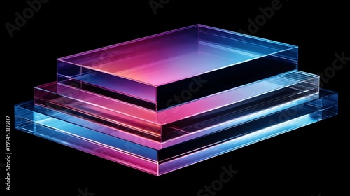 Three translucent rectangular layers stacked atop each other, radiating colored internal light on black