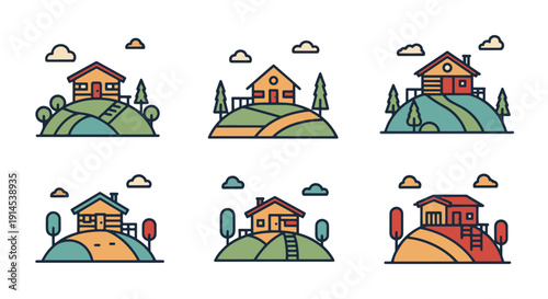 Hilltop Cabin Line colorful shape vector illustration