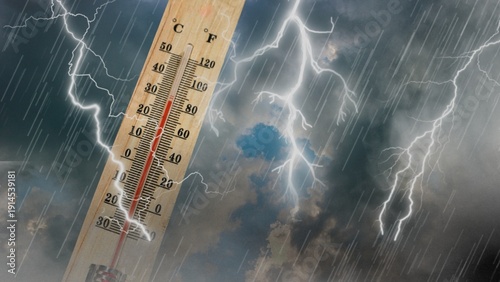 Thermometer with high temperature against the background of pitch black sky and lightning strikes. Storm concept. Extreme weather. Weather changes. Effects of global warming
