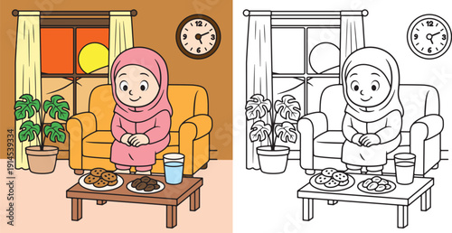 Muslim girl waiting for iftar time at home during ramadan. Ideal for kids education, islamic content, and family themed visuals. Objects and background separated for easy editing and reuse.