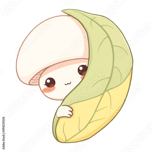 Shy Mushroom Hiding Behind Leaf Kawaii Sticker | Adorable Cartoon Mushroom Peeking Illustration | Cute Fungi Character Playing Hide and Seek Sticker | Whimsical Shy Mushroom Digital Art Illustration