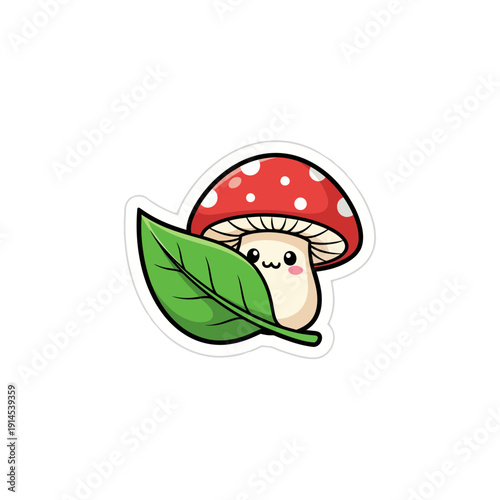 Shy Mushroom Hiding Behind Leaf Kawaii Sticker | Adorable Cartoon Mushroom Peeking Illustration | Cute Fungi Character Playing Hide and Seek Sticker | Whimsical Shy Mushroom Digital Art Illustration