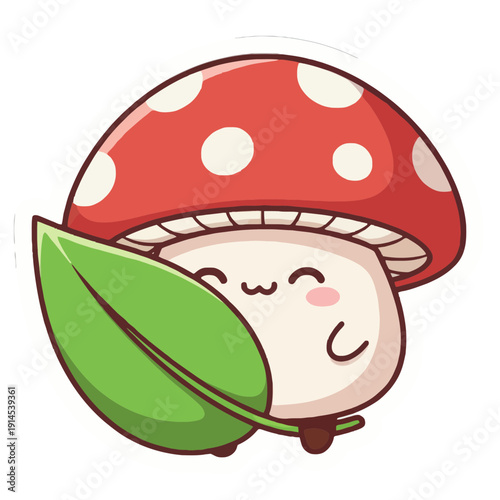 Shy Mushroom Hiding Behind Leaf Kawaii Sticker | Adorable Cartoon Mushroom Peeking Illustration | Cute Fungi Character Playing Hide and Seek Sticker | Whimsical Shy Mushroom Digital Art Illustration