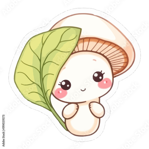 Shy Mushroom Hiding Behind Leaf Kawaii Sticker | Adorable Cartoon Mushroom Peeking Illustration | Cute Fungi Character Playing Hide and Seek Sticker | Whimsical Shy Mushroom Digital Art Illustration