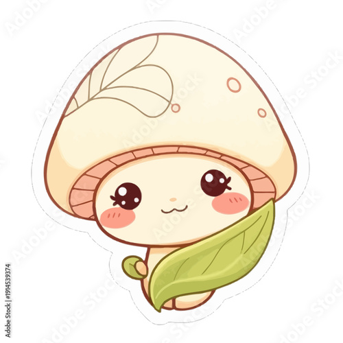 Shy Mushroom Hiding Behind Leaf Kawaii Sticker | Adorable Cartoon Mushroom Peeking Illustration | Cute Fungi Character Playing Hide and Seek Sticker | Whimsical Shy Mushroom Digital Art Illustration