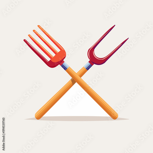 Crossed Red and Orange Garden Forks on a Light Background.