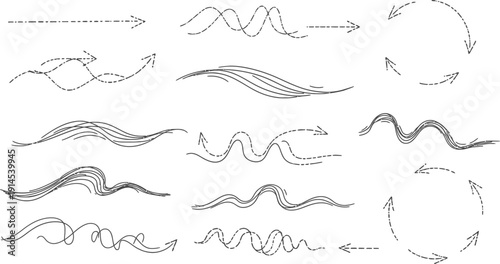 Collection of hand drawn wavy lines and arrows on white background