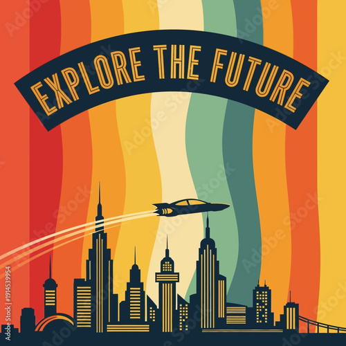 Retro Cityscape with Flying Car and "Explore the Future" Text