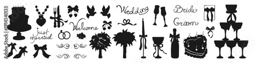 Hand drawn wedding illustration set silhouette shape style. Whimsical coquette vintage mood romantic dinner elements, cakes, champagne, candles, bows love symbols. Elegant casual line art illustration