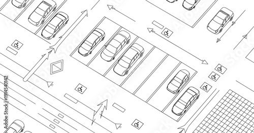 Black-and-white parking lot line drawing with cars, traffic flow arrows, and accessible parking spaces