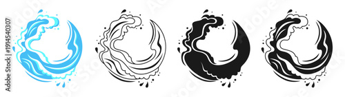 Sea Round wave for logo. Water splashes, flowing abstract ocean linear and silhouette set. Wave icons graphic dynamic liquid motion, modern marine elements and fluid aquatic forms illustration