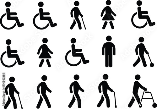 Accessibility disability icon set, wheelchair users, walking with cane, elderly assistance, inclusive restroom symbols, medical and public facility signage illustration