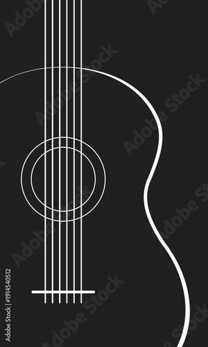 six strings acoustic guitar white silhouette on black background, musical instrument banner, jazz festival vertical poster template