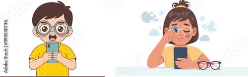Cartoon kids using smartphones with eyeglasses, children suffering from digital eye strain, eye pain, tears and vision health problems