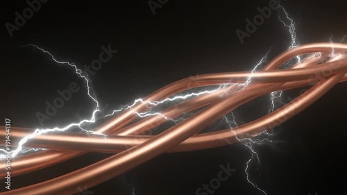 Close-up of intertwined copper wires with bright electrical sparks and lightning against a dark background, symbolizing power and energy.