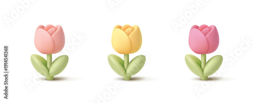 Set of bright colored tulips, 3D. Icons. Tulips on a white background. For spring concepts, events, greetings. Vector illustration.