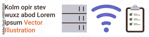 Data management, wireless connection, productivity tools, task organization, IT infrastructure, remote work. Data servers, a wireless symbol and a clipboard with checklist. Data management