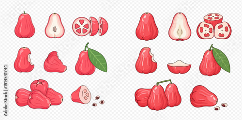 Set of fresh rose apple fruits with whole, half, sliced, and bitten pieces, isolated on transparent background.