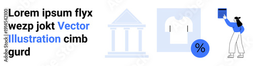 E-commerce, online banking, financial planning, marketing, retail shopping, discounts. A classic building icon, percentage symbol T-shirt and woman holding a book. E-commerce and online banking
