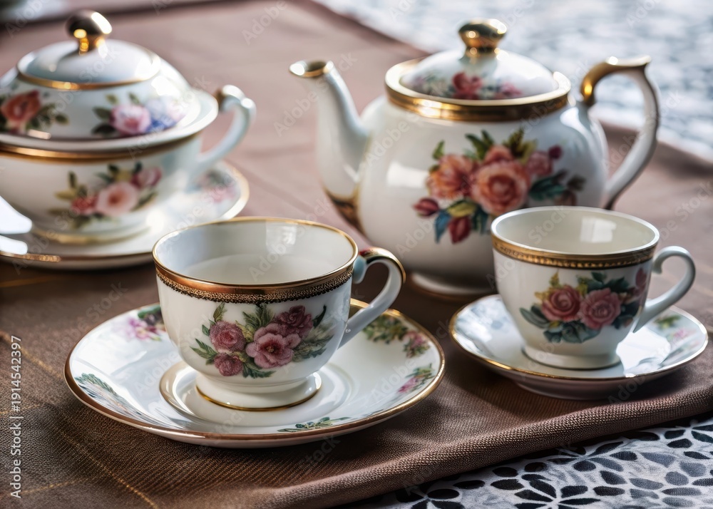 Fototapeta premium A beautifully crafted porcelain tea set sits serenely on a delicate china tablecloth
