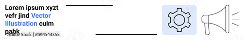 Gear icon and megaphone symbol emphasize settings adjustment and announcements. Ideal for technology, marketing, communication, teamwork, UX design, business strategies, simple landing page