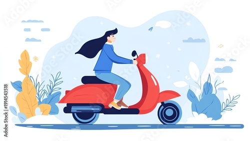 Young woman riding a red scooter. illustration in flat style
