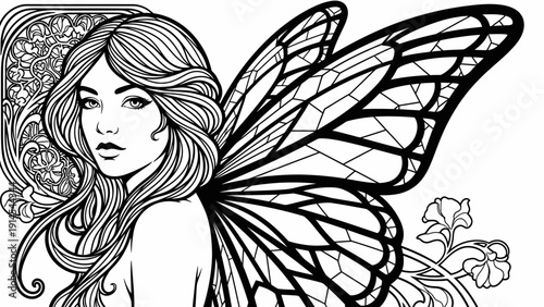 Art Nouveau Fairy Woman with Butterfly Wings and Floral Ornaments