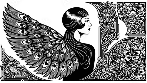 Art Nouveau Woman with Peacock Wings and Floral Ornaments