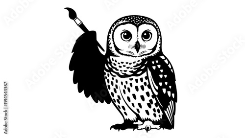 Artistic Owl Holding Paintbrush, Creative Wisdom Symbol, Black and White Vector Illustration