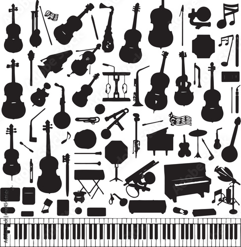 Silhouettes of various musical instruments against a white background, showcasing their shapes and forms