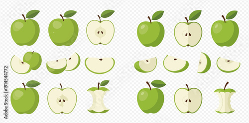 Green apple vector set showing whole, half, slices, and core variations on a transparent background.