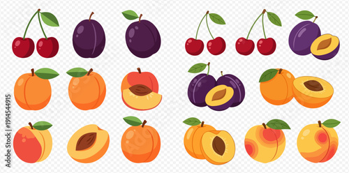 Collection of various fresh fruits including cherries, plums, and peaches with leaves.