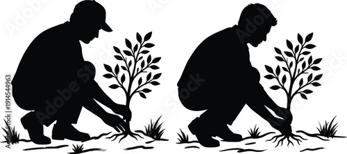 Man planting young tree silhouette, environmental conservation reforestation and sustainable nature care concept illustration