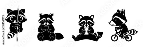 Playful Raccoon Characters Engaging in Various Adorable Activities and Silhouettes