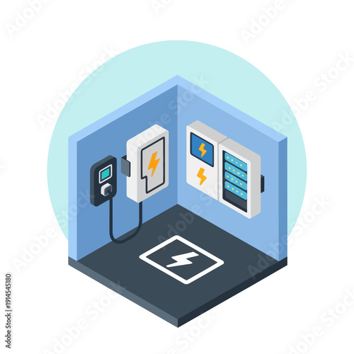 Isometric Smart Home Electrical Setup: Energy Management, Circuit Breaker Panel, Electric Meter, and Power Outlet Illustration