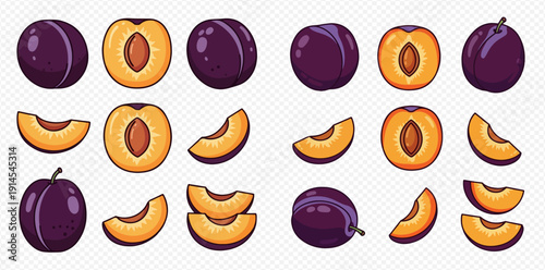 Set of fresh purple plums, whole and sliced, showcasing healthy fruit illustrations.