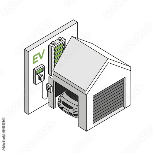 Home EV Charging Station, Electric Vehicle in Garage, Residential Battery Energy Storage System (BESS) Isometric Illustration