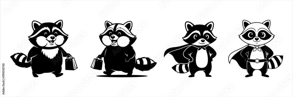 Naklejka premium Cute Raccoons In Various Funny Outfits And Poses Collection